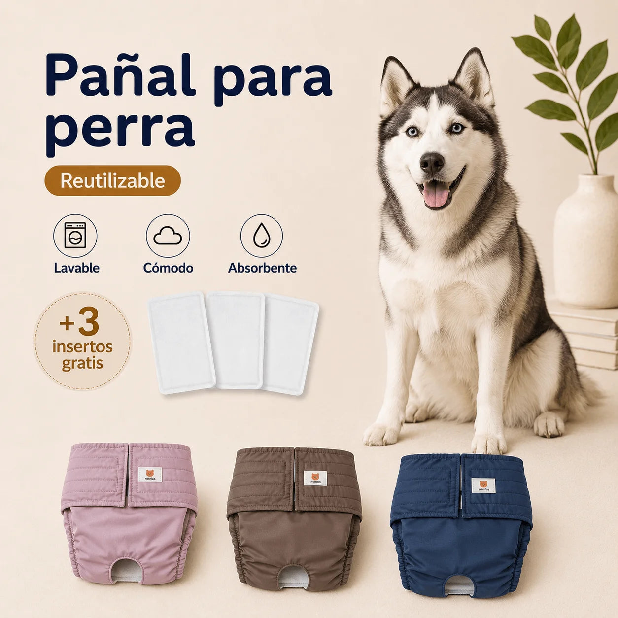 Pañales lavables para perra + 🎁 Gratis 3 insertos removibles