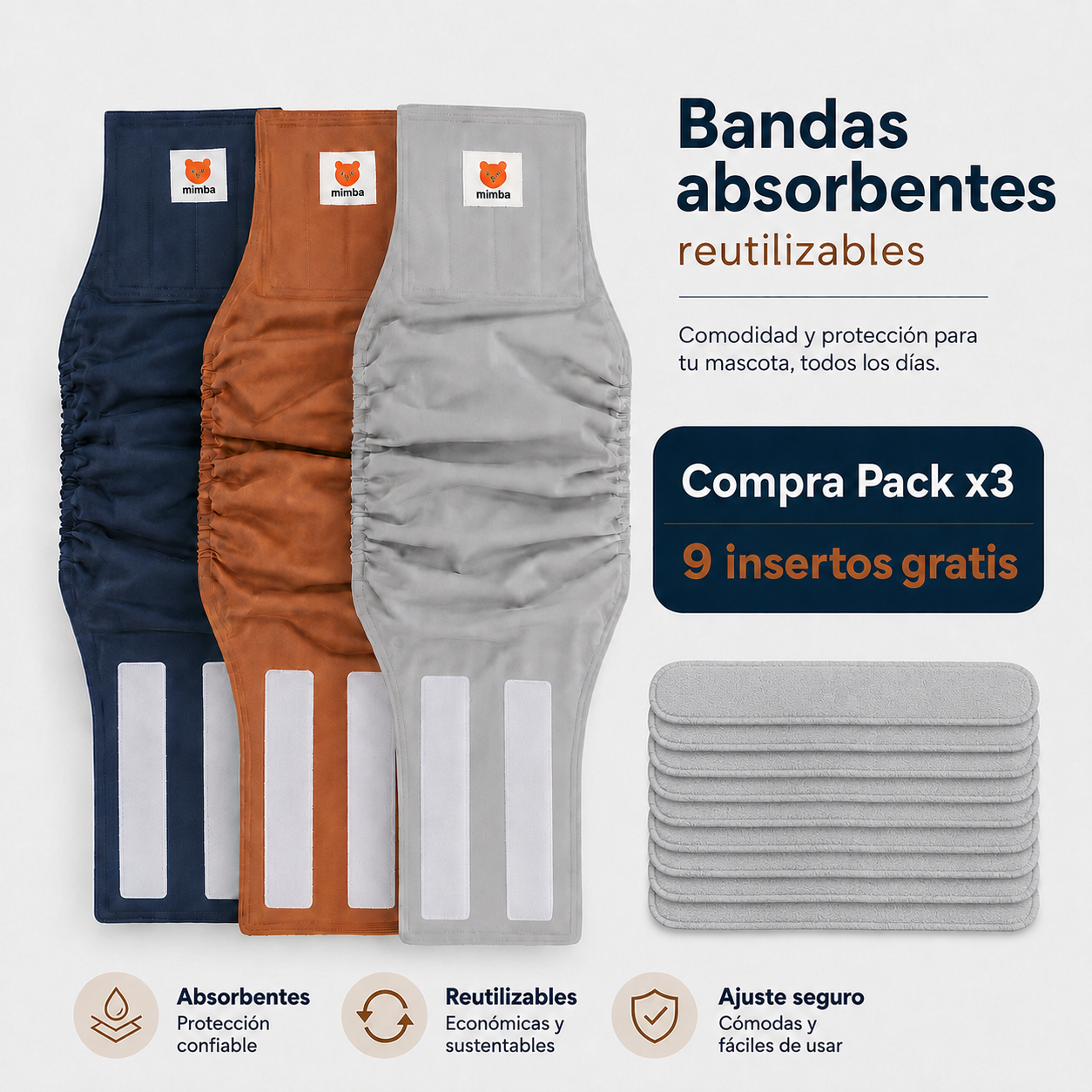 Pack x 3 bandas lavables para perros machos + 🎁 Gratis 9 insertos removibles
