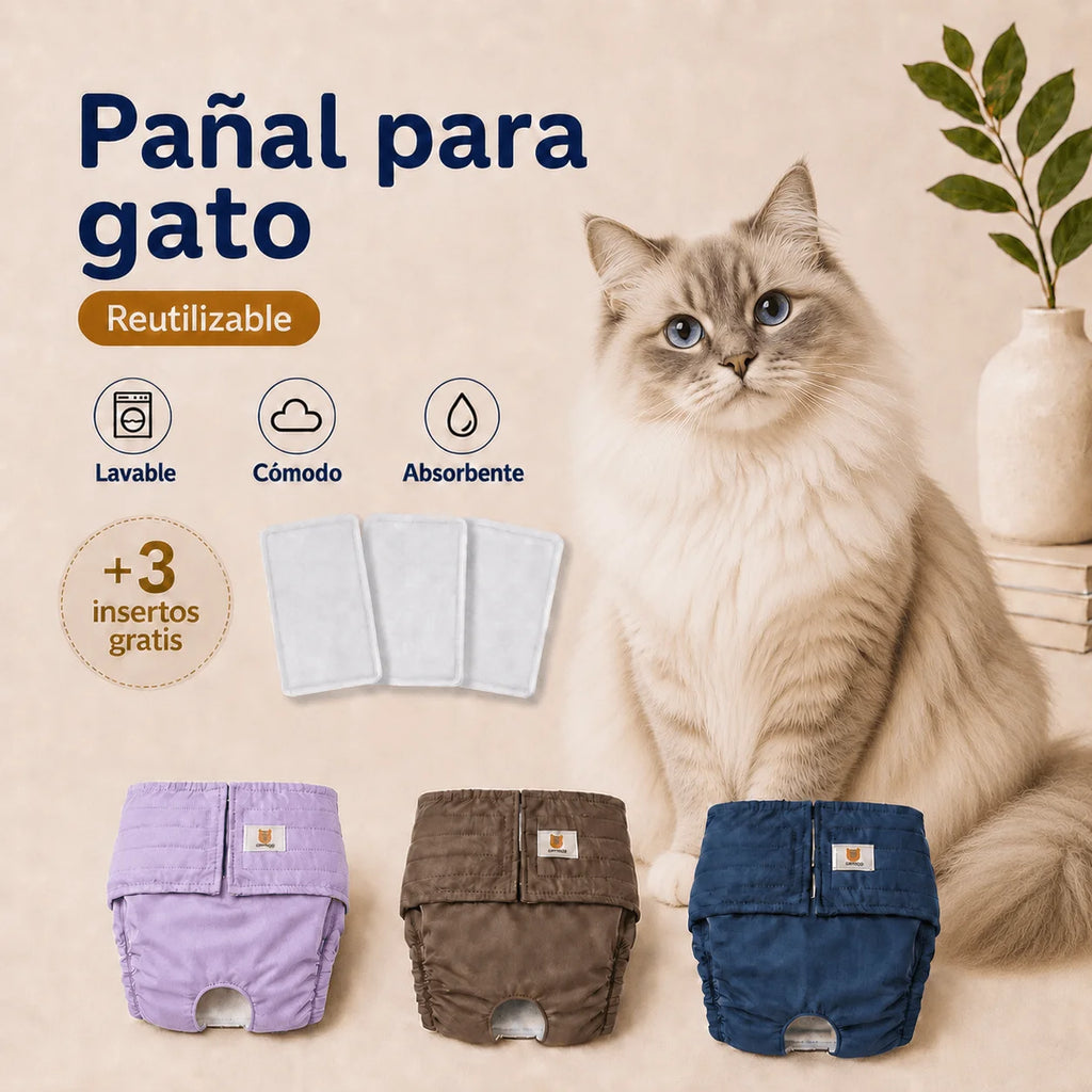 Pañales lavables para gatos machos + 🎁 Gratis 3 insertos removibles